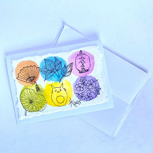 Watercolor Dots Japanese Style Original Art Handmade 5x7in Blank Greeting Card - Picture 4 of 4